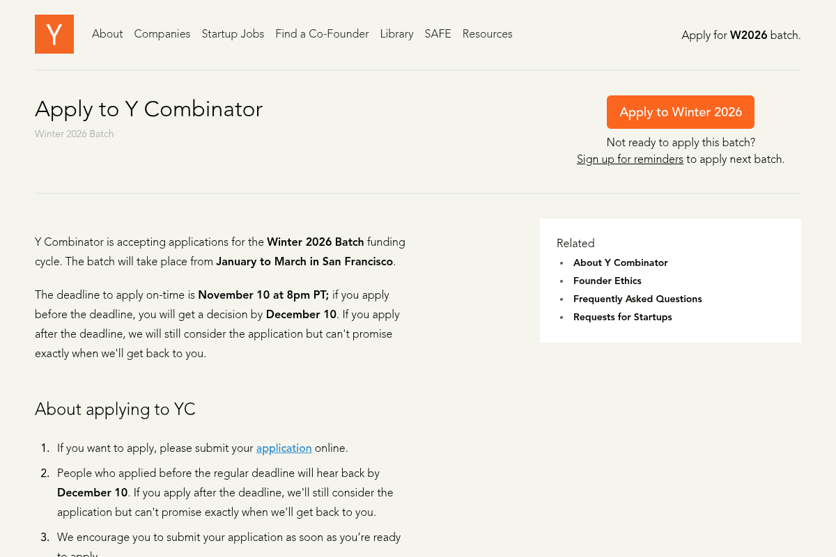 Y Combinator Winter 2026 Batch Accelerator Program