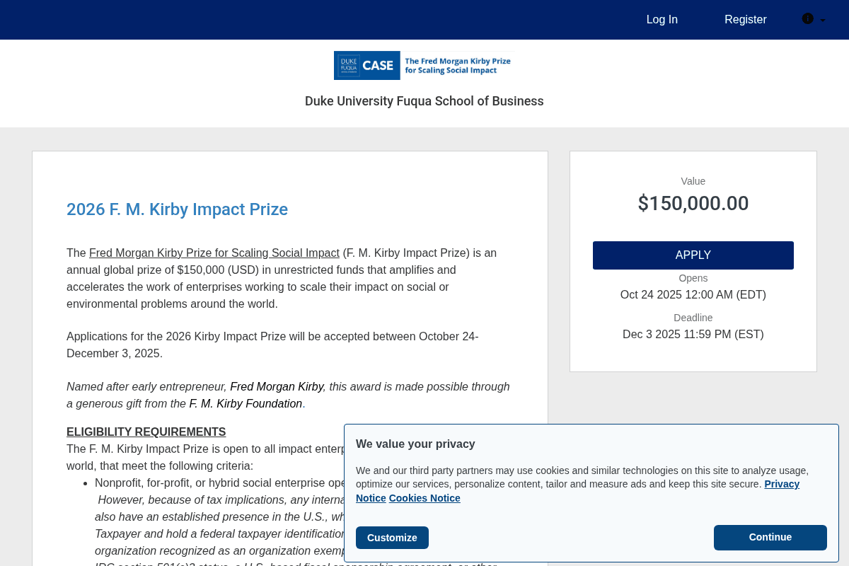 2026 F. M. Kirby Impact Prize