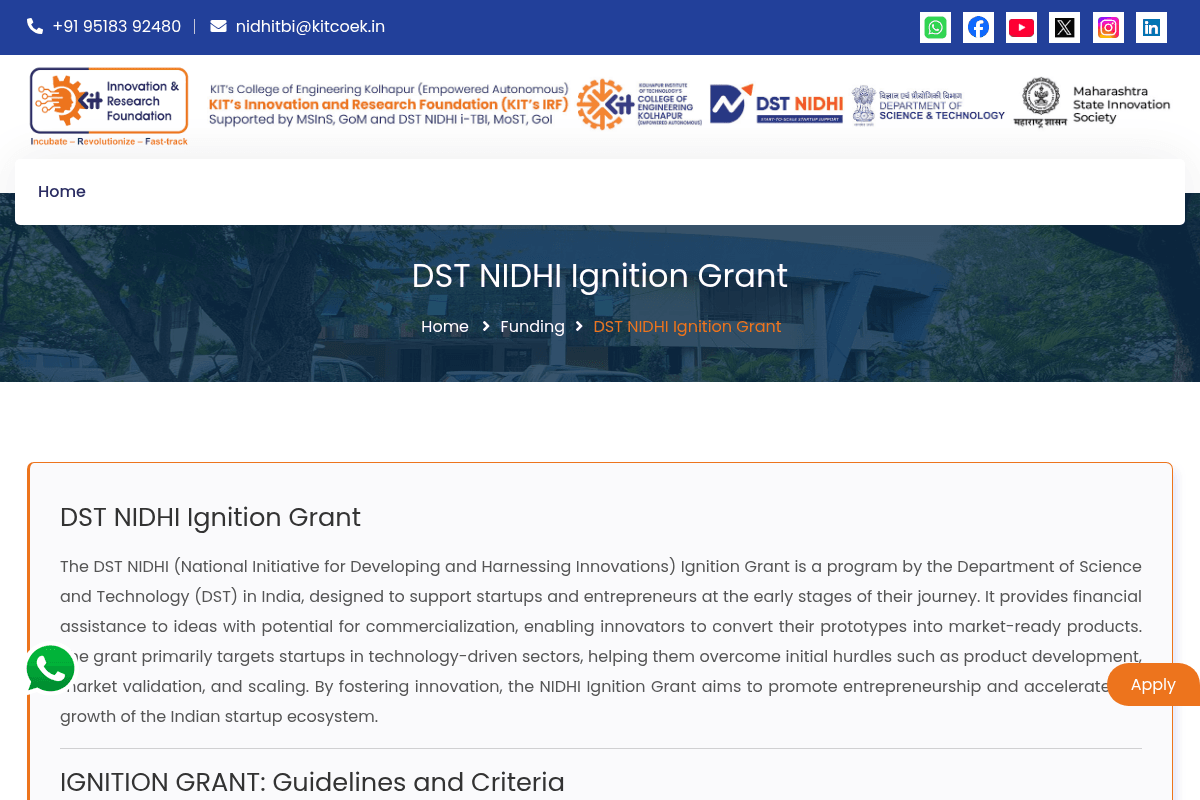 DST NIDHI Ignition Grant