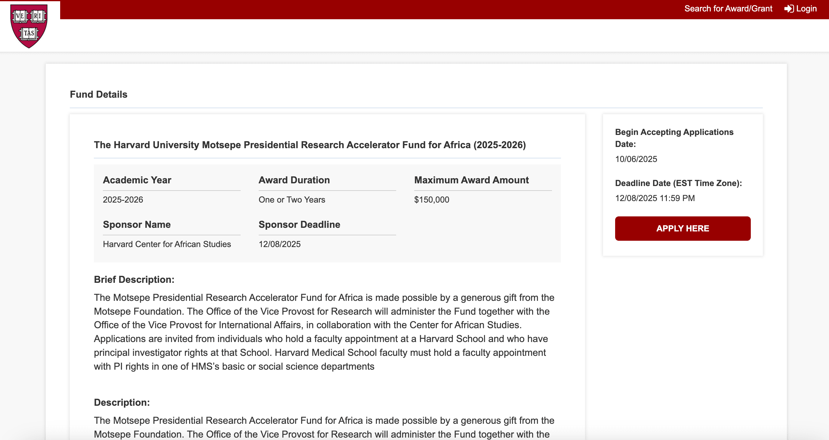 Harvard University Motsepe Presidential Research Accelerator Fund for Africa 2025/2026